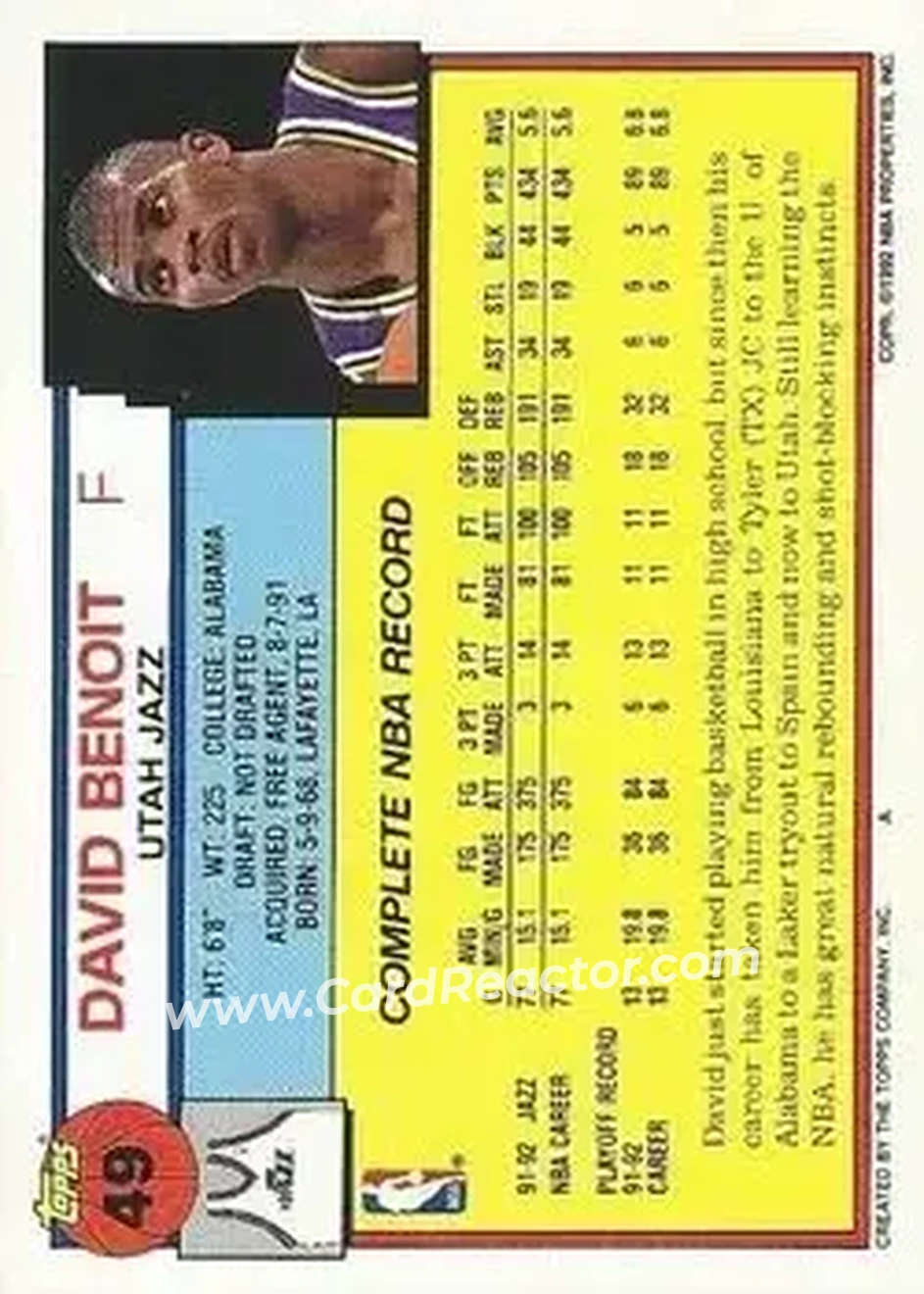 1992-93 Topps #49 - David Benoit - Utah Jazz - Back