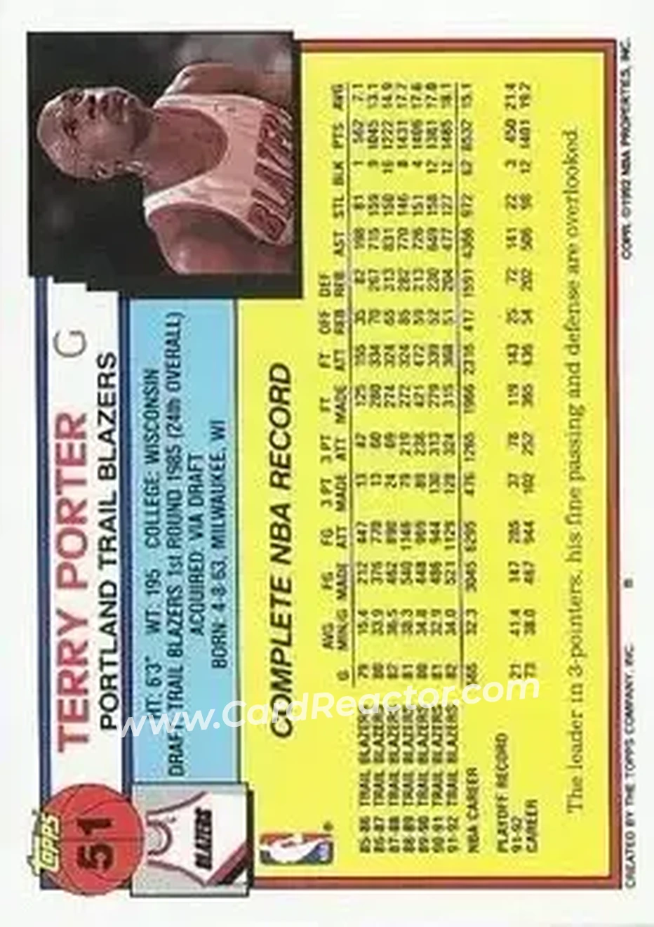 1992-93 Topps #51 - Terry Porter - Portland Trail Blazers - Back 1992-93 Topps #51 - Terry Porter - Portland Trail Blazers - Back