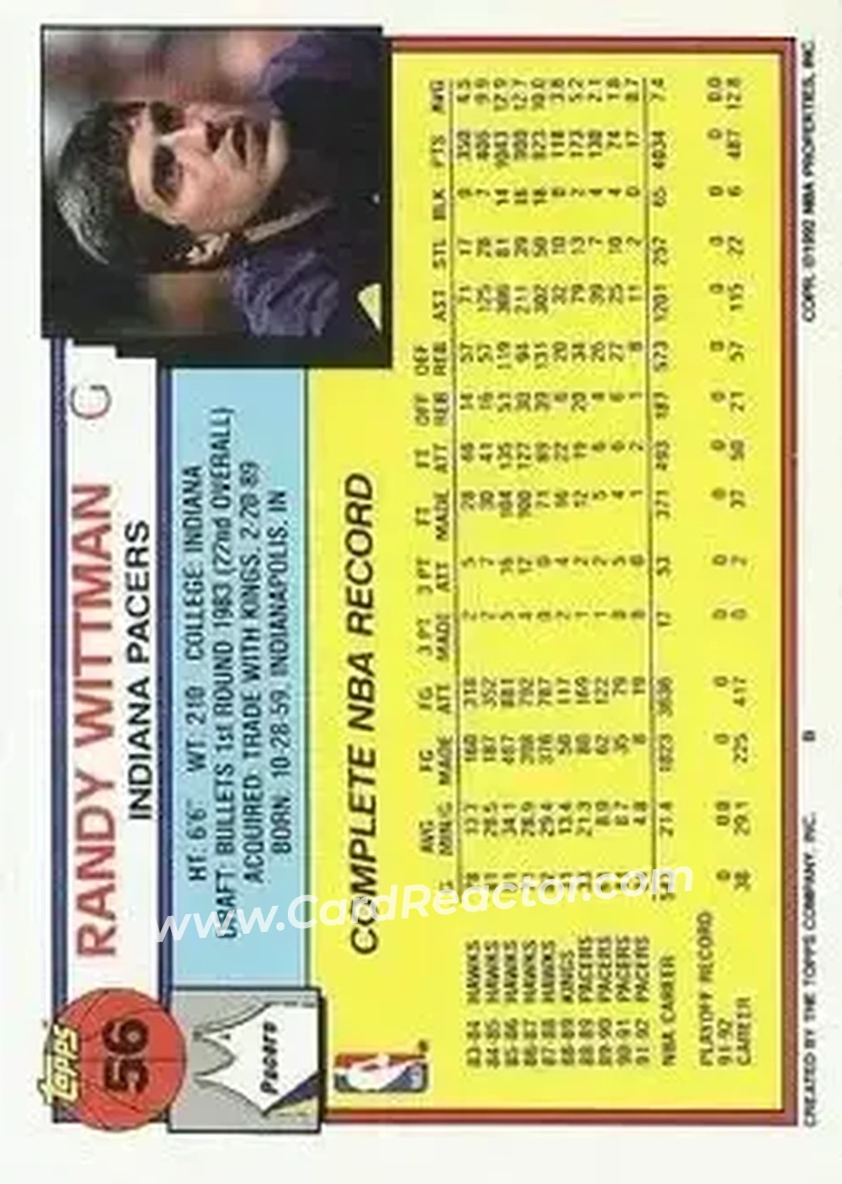 1992-93 Topps #56 - Randy Wittman - Indiana Pacers - Back