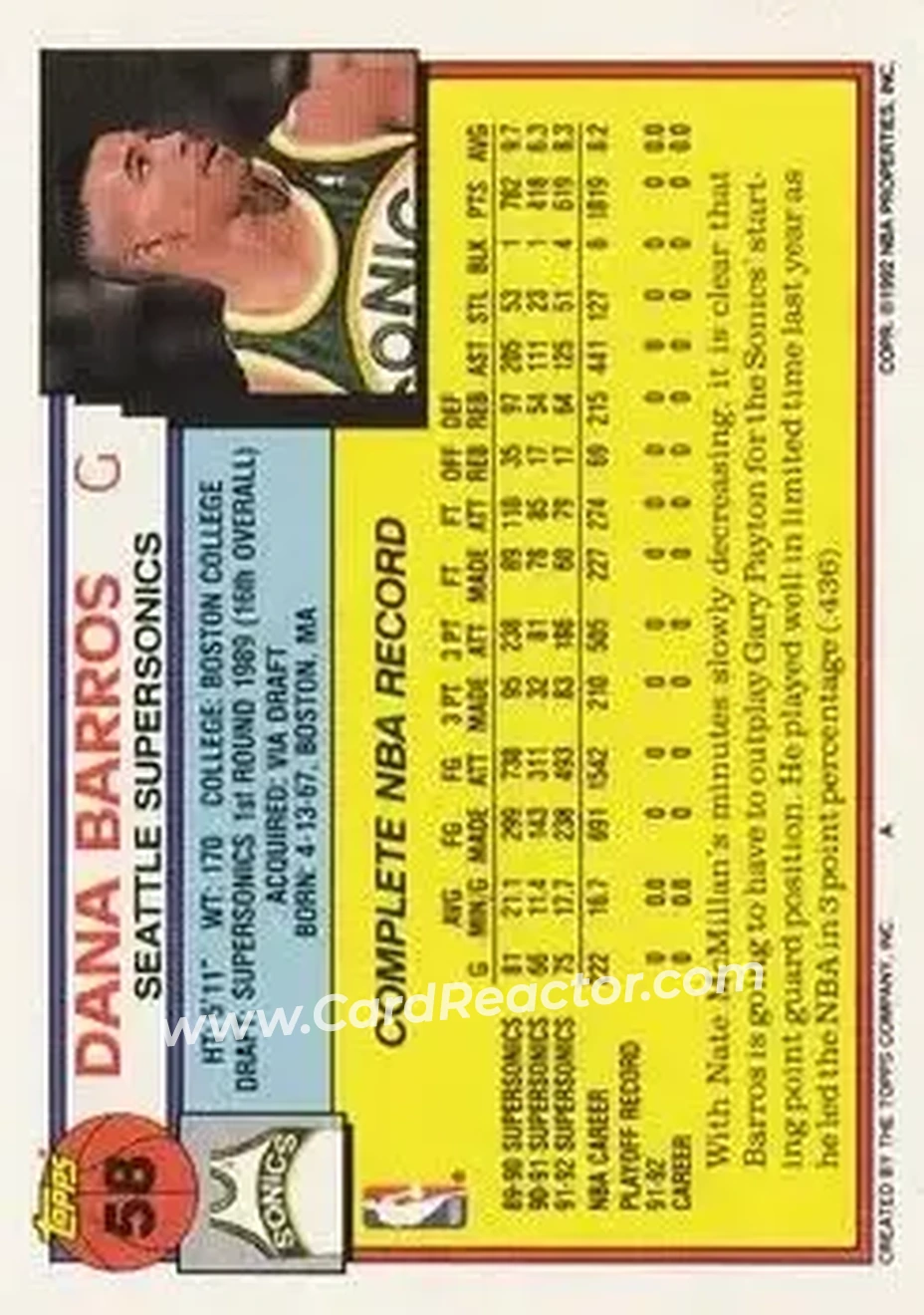 1992-93 Topps #58 - Dana Barros - Seattle SuperSonics - Back