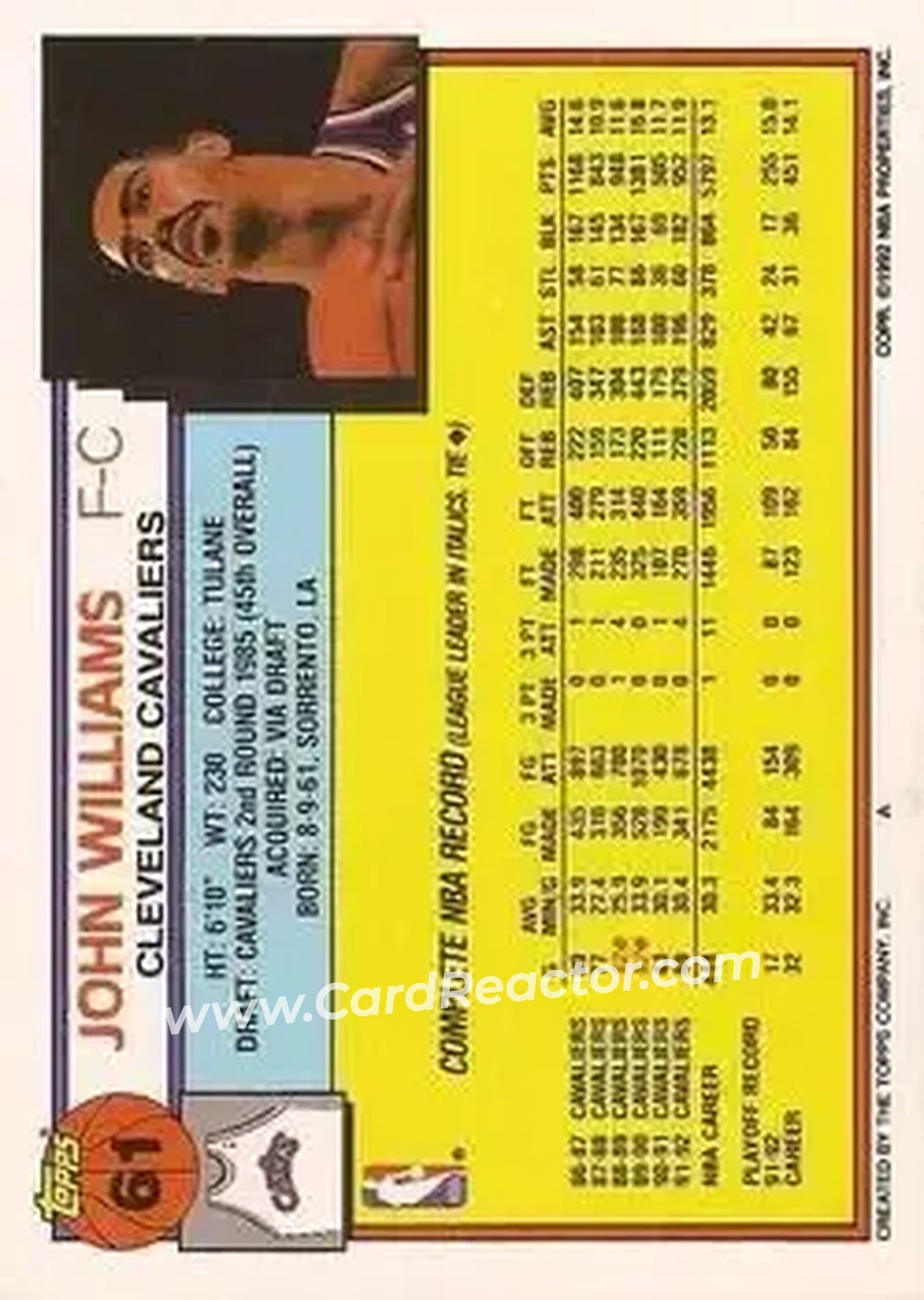 1992-93 Topps #61 - John Williams - Cleveland Cavaliers - Back 1992-93 Topps #61 - John Williams - Cleveland Cavaliers - Back
