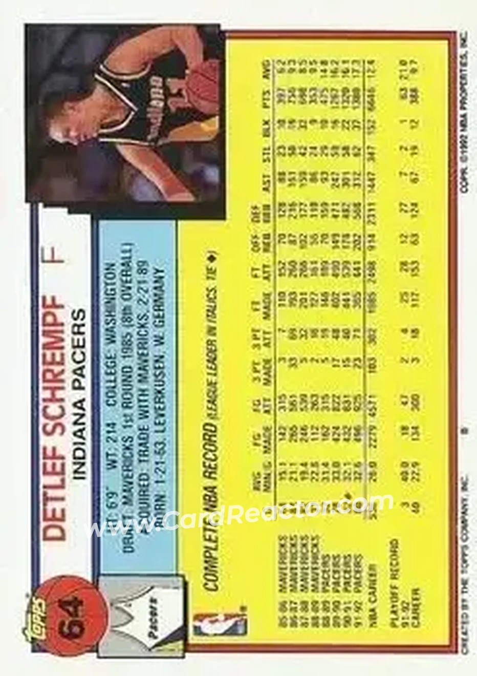 1992-93 Topps #64 - Detlef Schrempf - Indiana Pacers - Back
