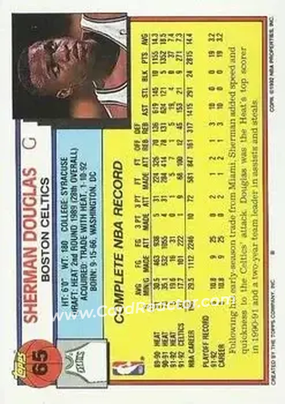 1992-93 Topps #65 - Sherman Douglas - Boston Celtics - Back