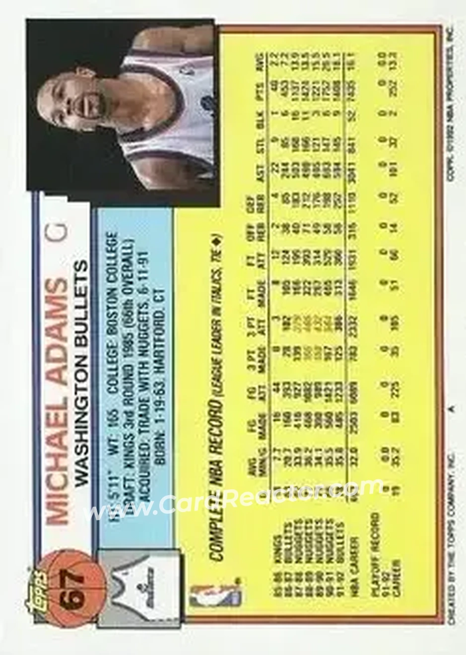 1992-93 Topps #67 - Michael Adams - Washington Bullets - Back