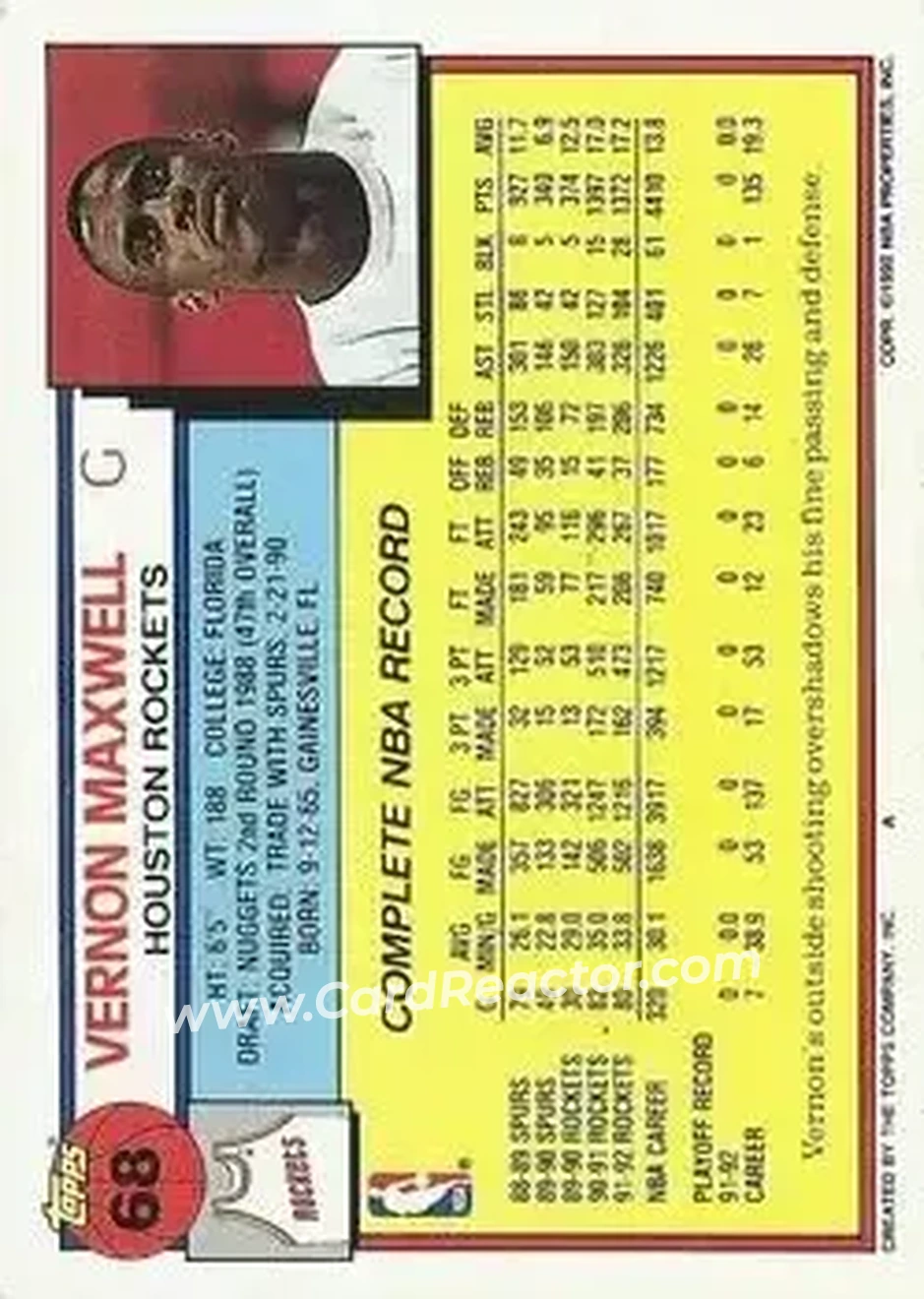 1992-93 Topps #68 - Vernon Maxwell - Houston Rockets - Back