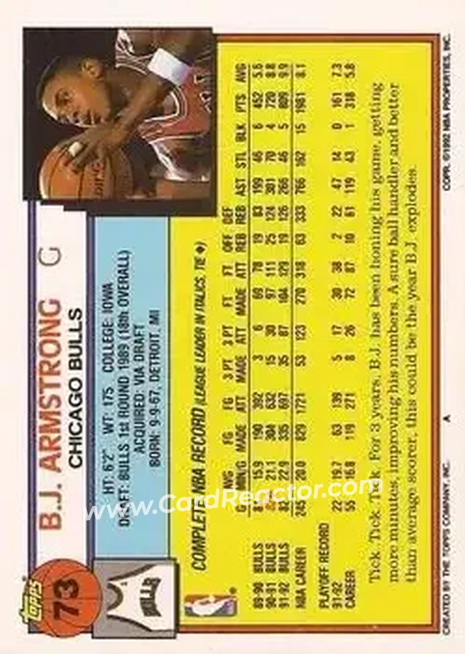 1992-93 Topps #73 - B.J. Armstrong - Chicago Bulls - Back