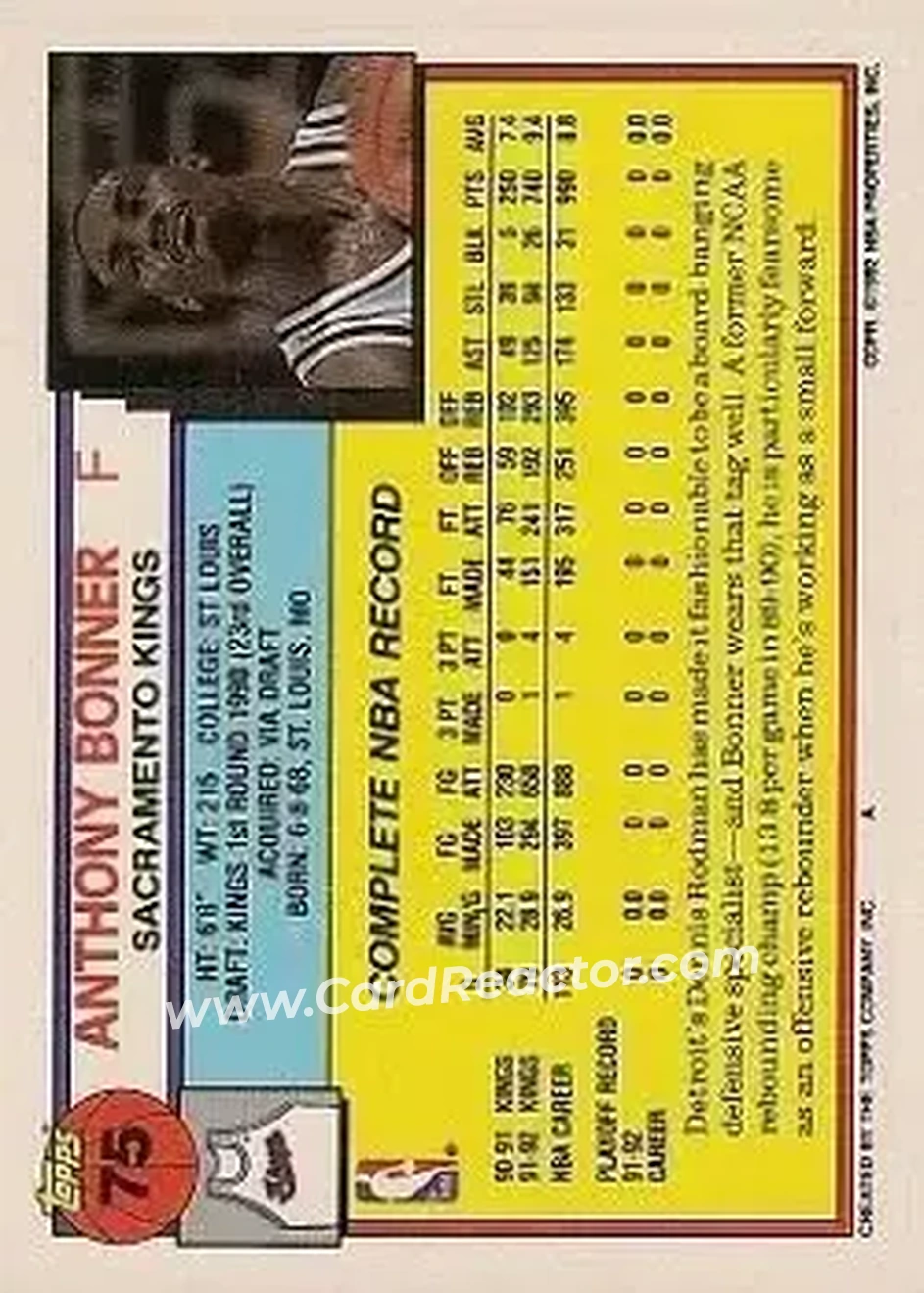 1992-93 Topps #75 - Anthony Bonner - Sacramento Kings - Back