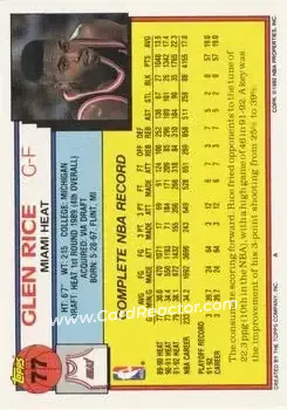1992-93 Topps #77 - Glen Rice - Miami Heat - Back 1992-93 Topps #77 - Glen Rice - Miami Heat - Back
