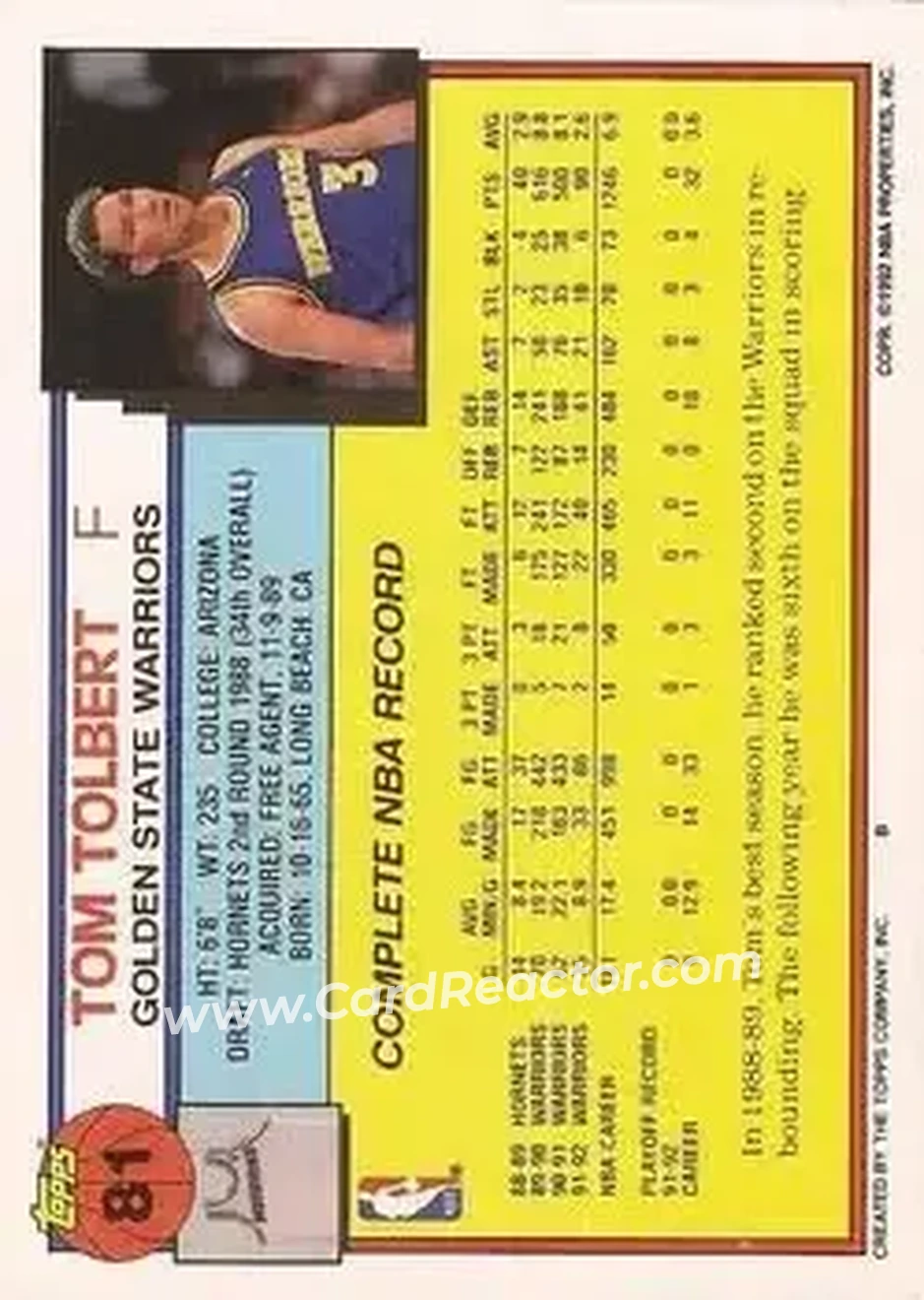 1992-93 Topps #81 - Tom Tolbert - Golden State Warriors - Back