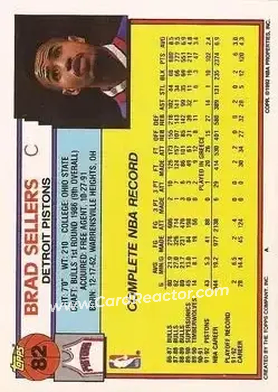1992-93 Topps #82 - Brad Sellers - Detroit Pistons - Back 1992-93 Topps #82 - Brad Sellers - Detroit Pistons - Back