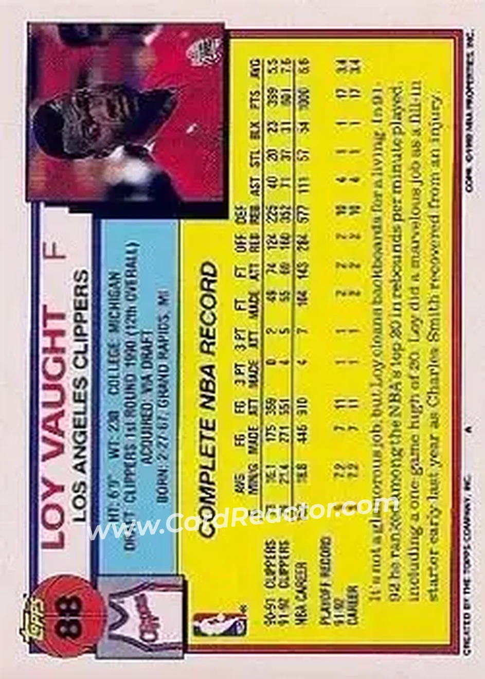 1992-93 Topps #88 - Loy Vaught - Los Angeles Clippers - Back 1992-93 Topps #88 - Loy Vaught - Los Angeles Clippers - Back