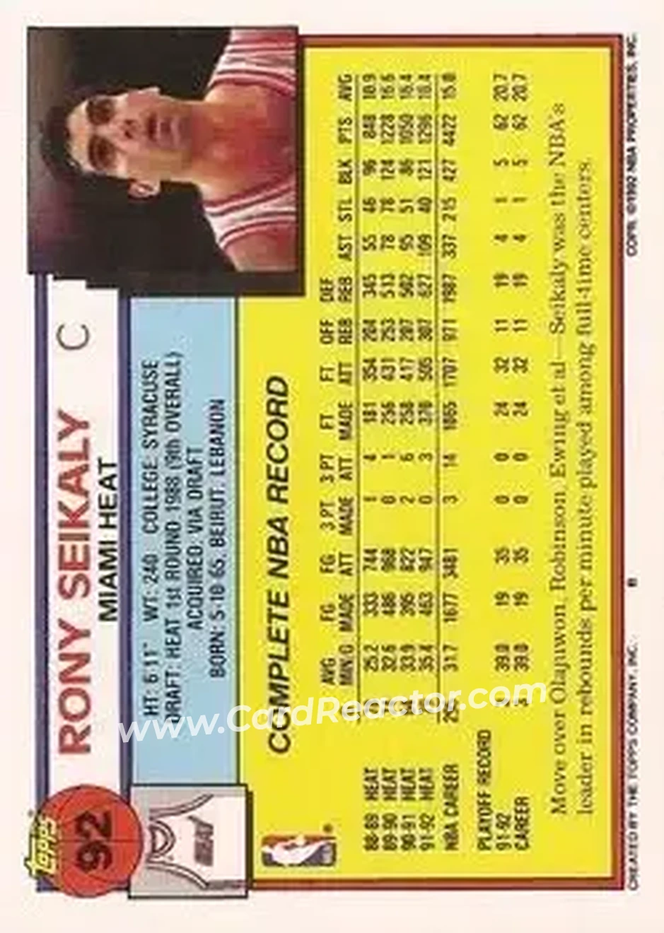 1992-93 Topps #92 - Rony Seikaly - Miami Heat - Back
