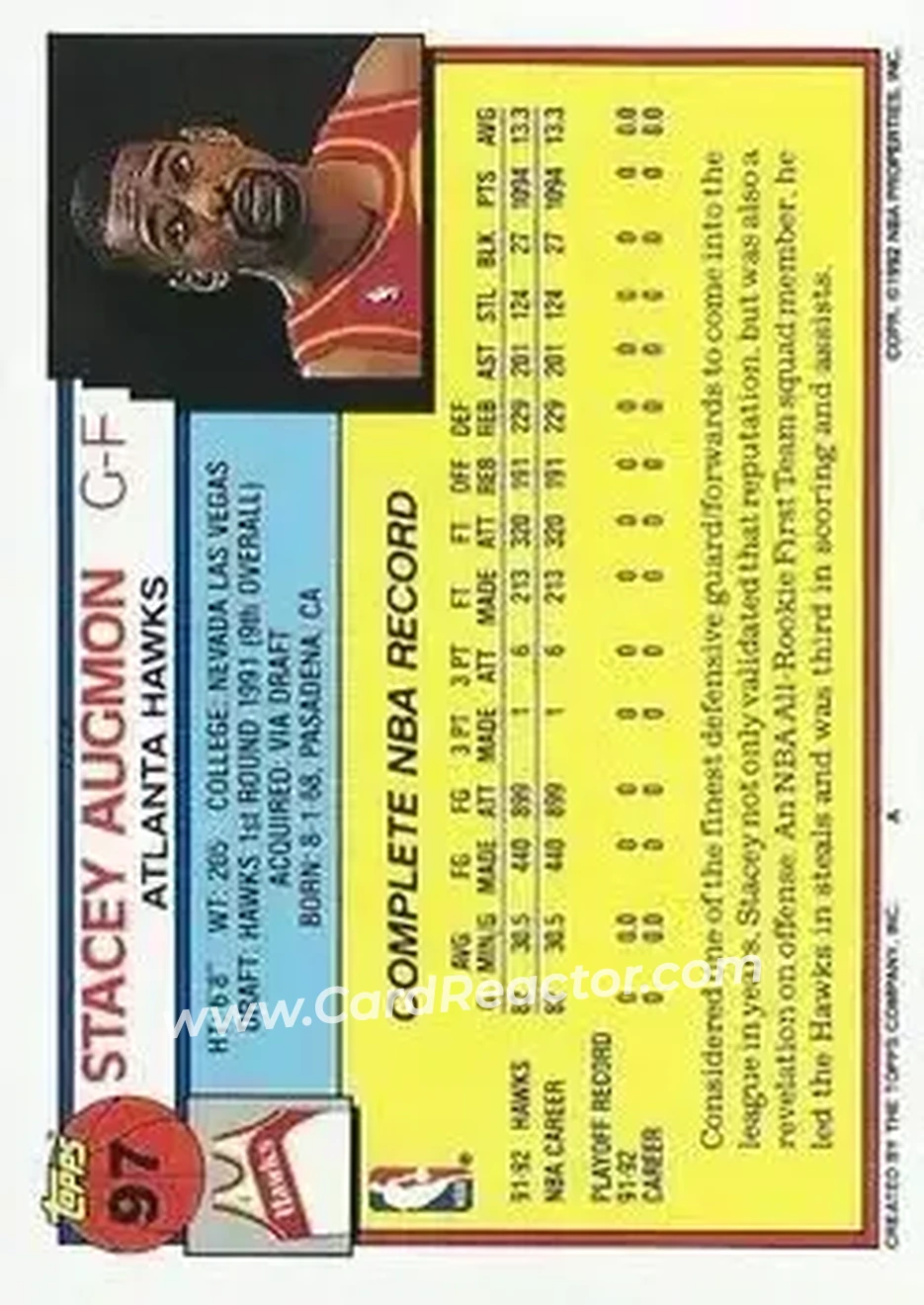 1992-93 Topps #97 - Stacey Augmon - Atlanta Hawks - Back
