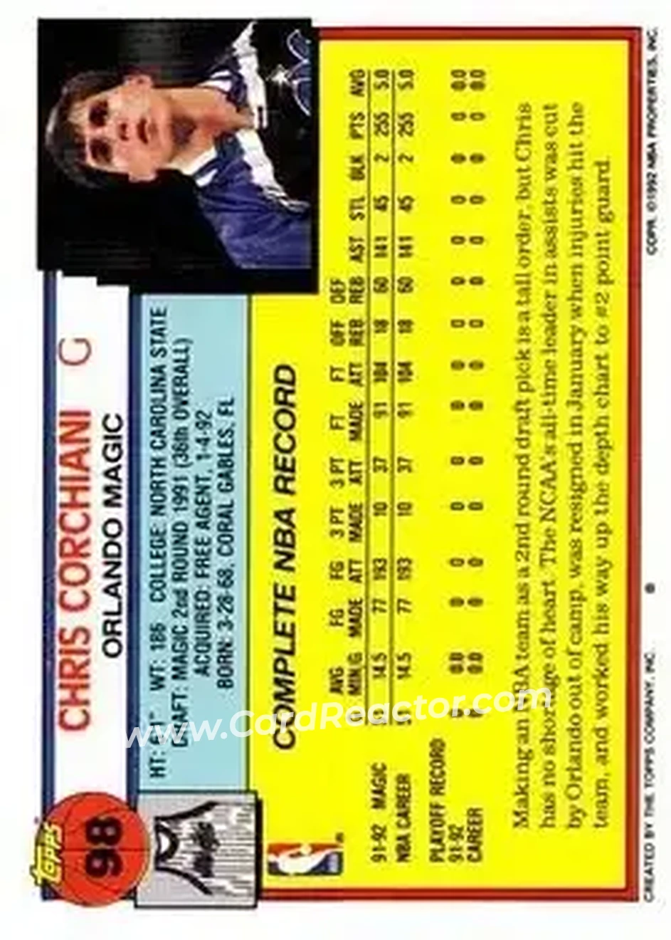 1992-93 Topps #98 - Chris Corchiani - Orlando Magic - Back