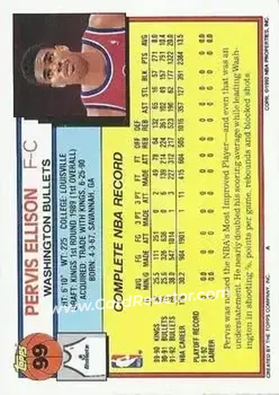 1992-93 Topps #99 - Pervis Ellison - Washington Bullets - Back