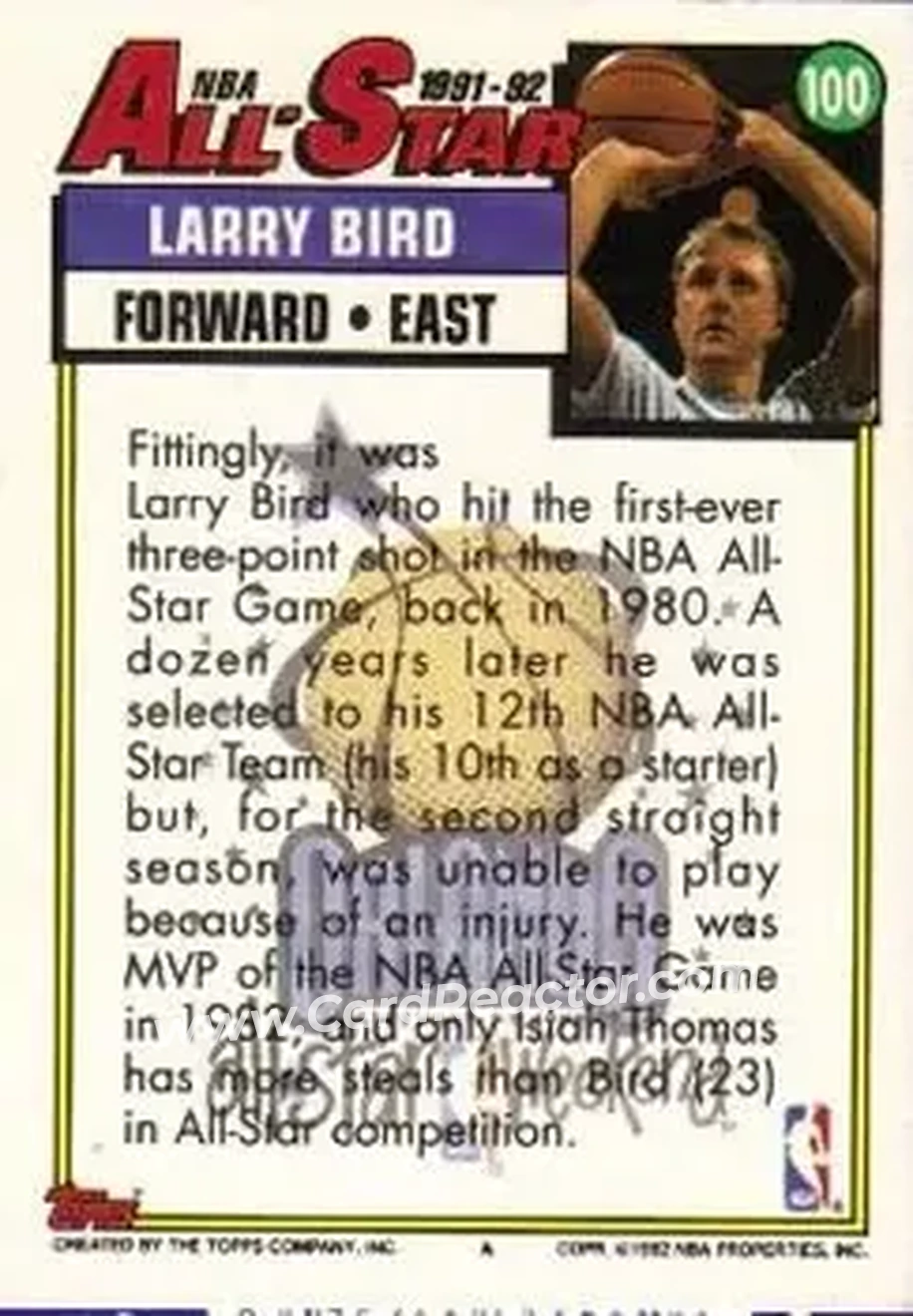 1992-93 Topps #100 - Larry Bird - Boston Celtics - Back