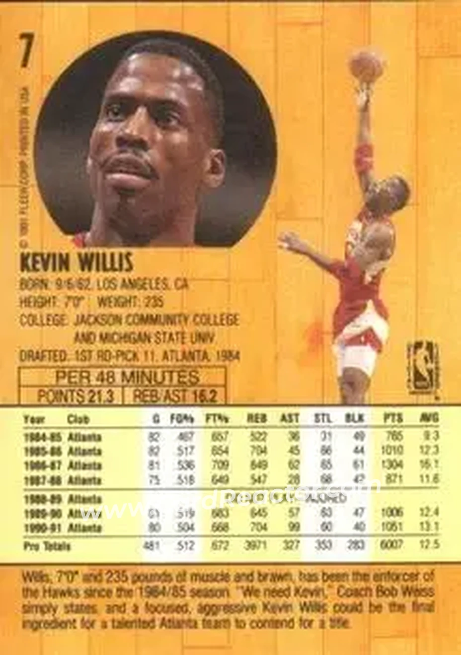 1991-92 Fleer #7 - Kevin Willis - Atlanta Hawks - Back