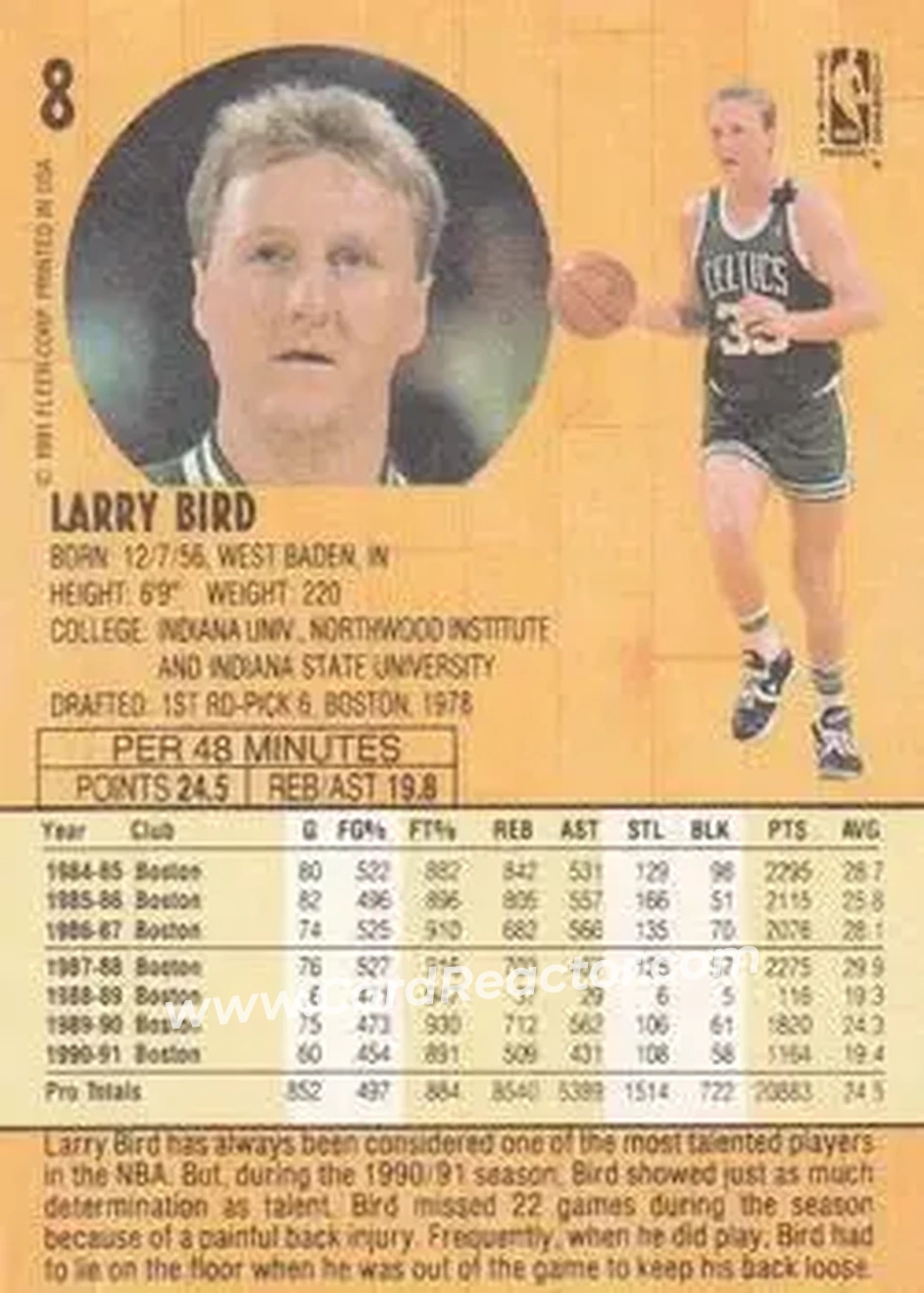 1991-92 Fleer #8 - Larry Bird - Boston Celtics - Back