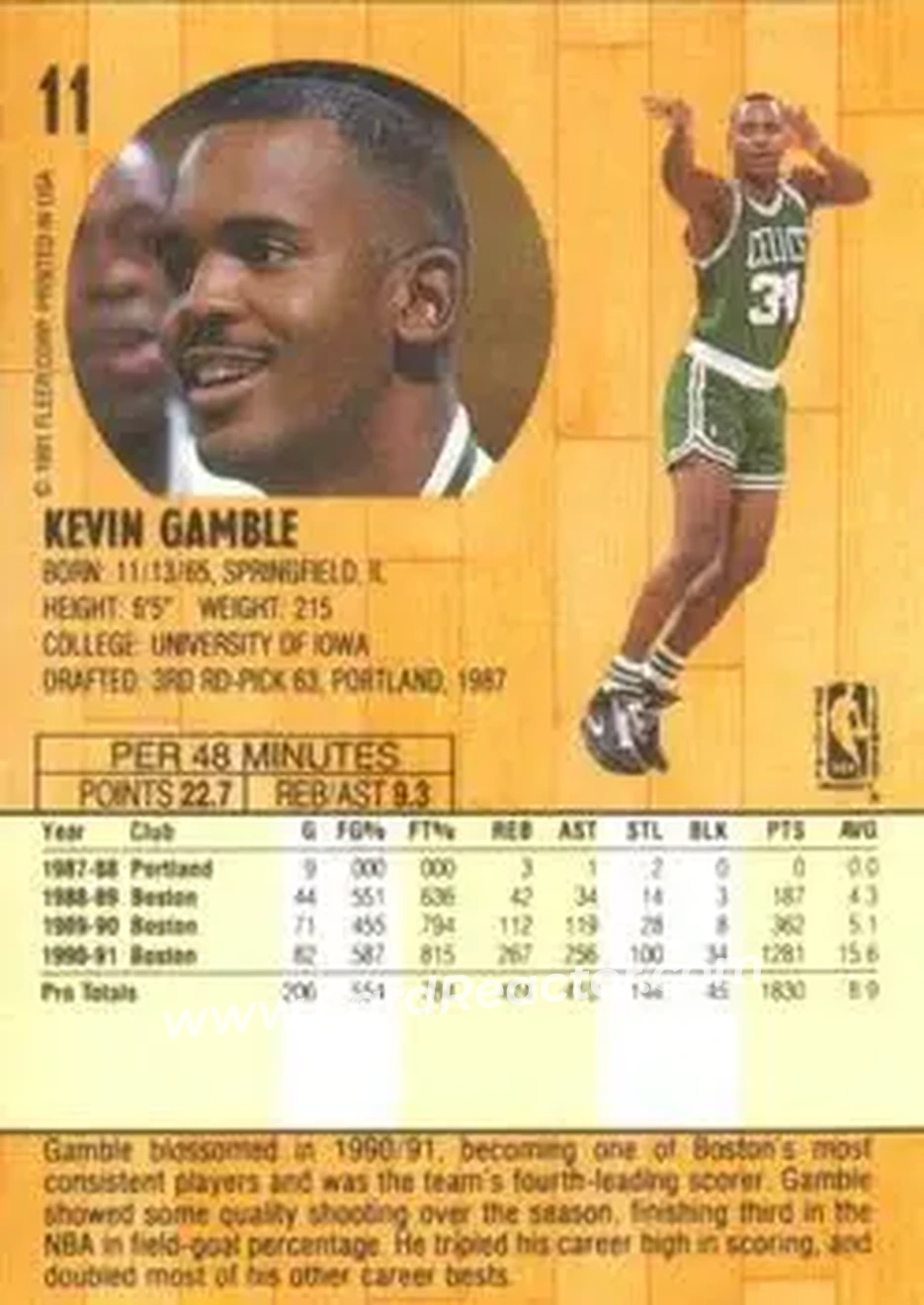 1991-92 Fleer #11 - Kevin Gamble - Boston Celtics - Back