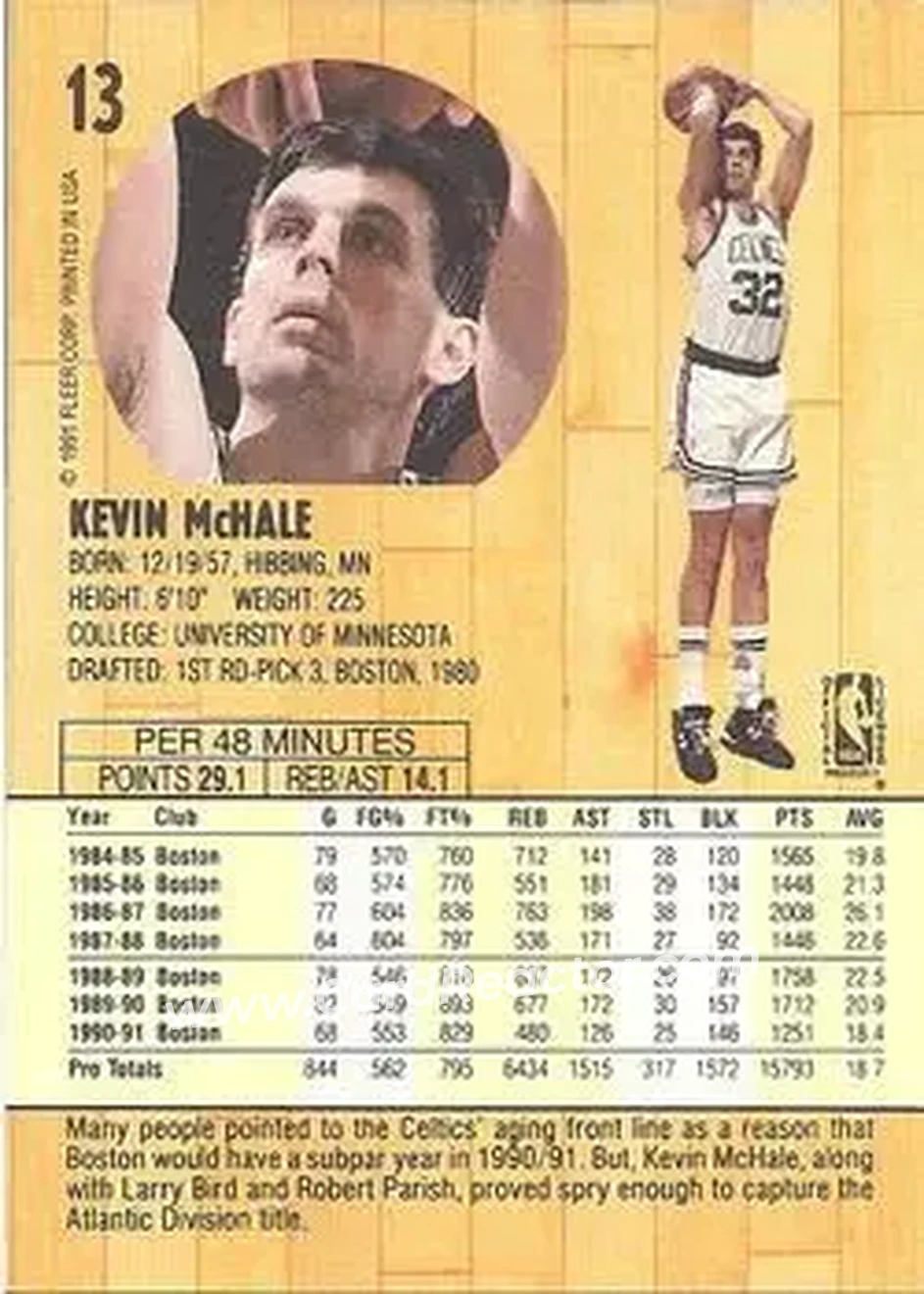 1991-92 Fleer #13 - Kevin McHale - Boston Celtics - Back