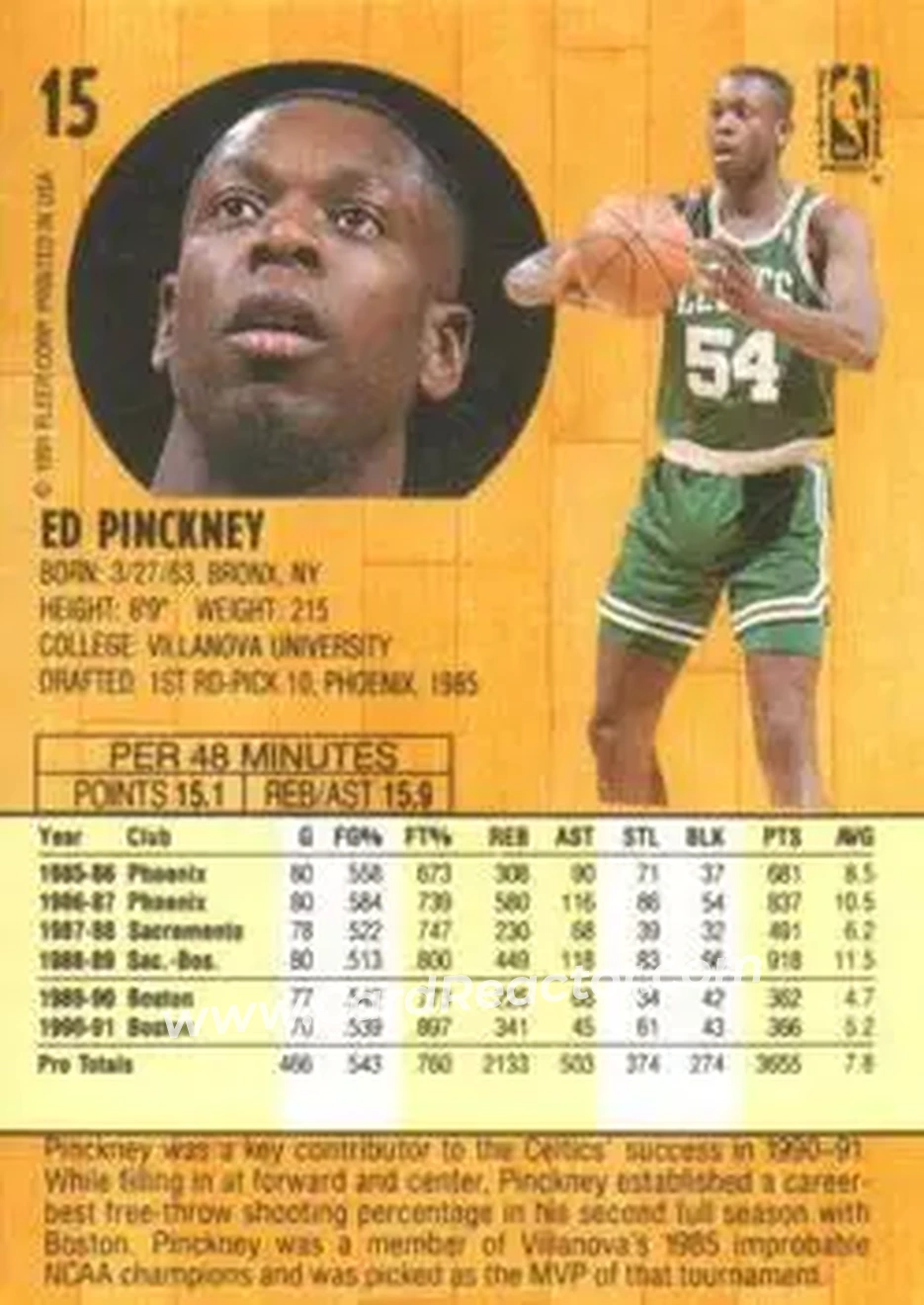 1991-92 Fleer #15 - Ed Pinckney - Boston Celtics - Back