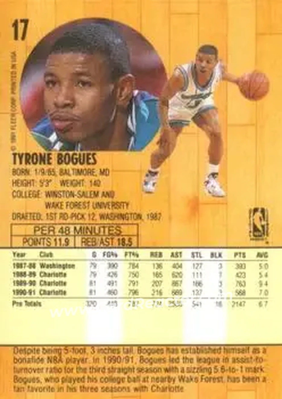 1991-92 Fleer #17 - Muggsy Bogues - Charlotte Hornets - Back