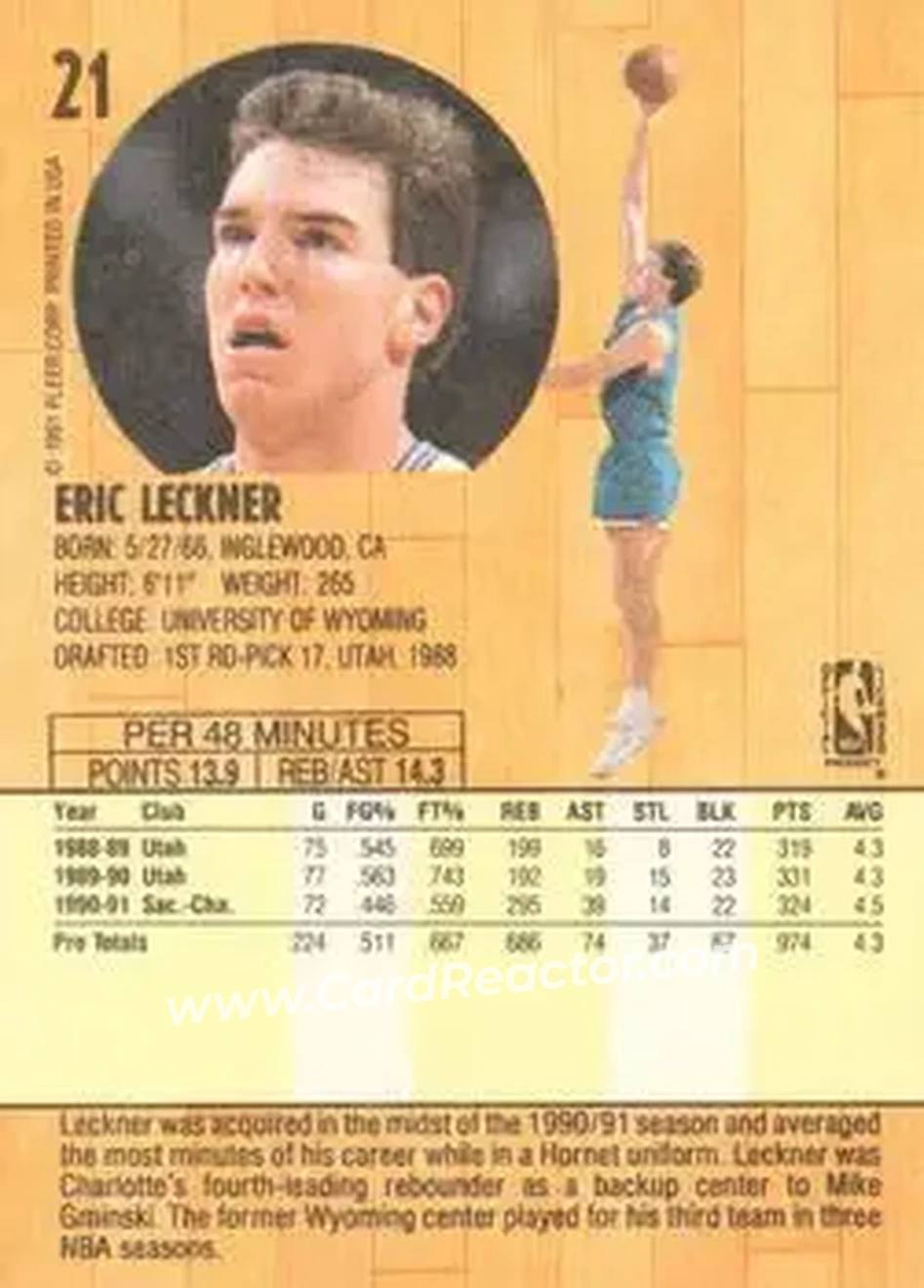 1991-92 Fleer #21 - Eric Leckner - Charlotte Hornets - Back