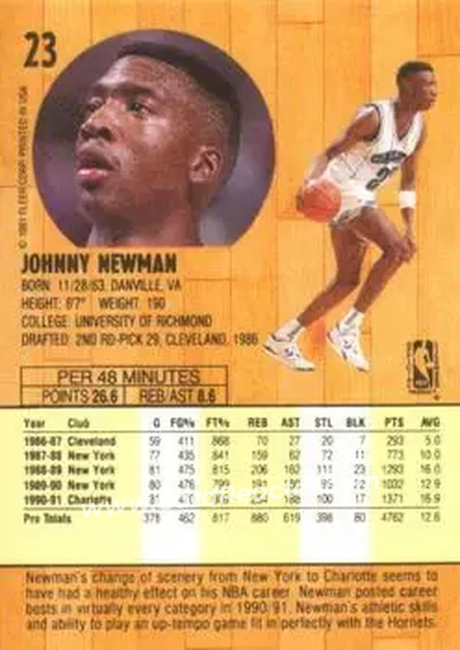 1991-92 Fleer #23 - Johnny Newman - Charlotte Hornets - Back