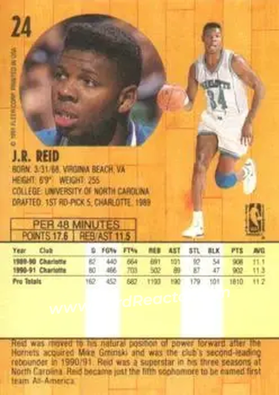 1991-92 Fleer #24 - J.R. Reid - Charlotte Hornets - Back