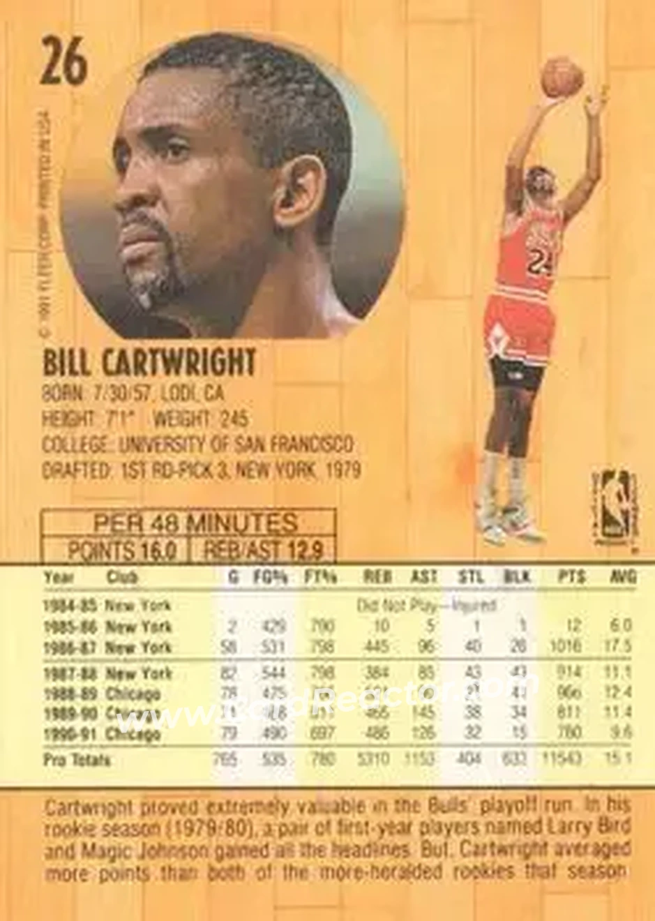 1991-92 Fleer #26 - Bill Cartwright - Chicago Bulls - Back