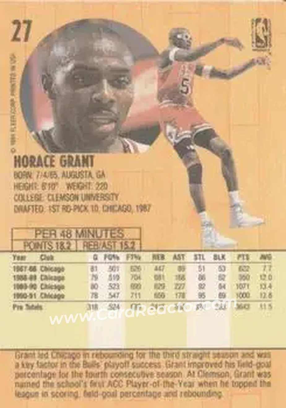 1991-92 Fleer #27 - Horace Grant - Chicago Bulls - Back