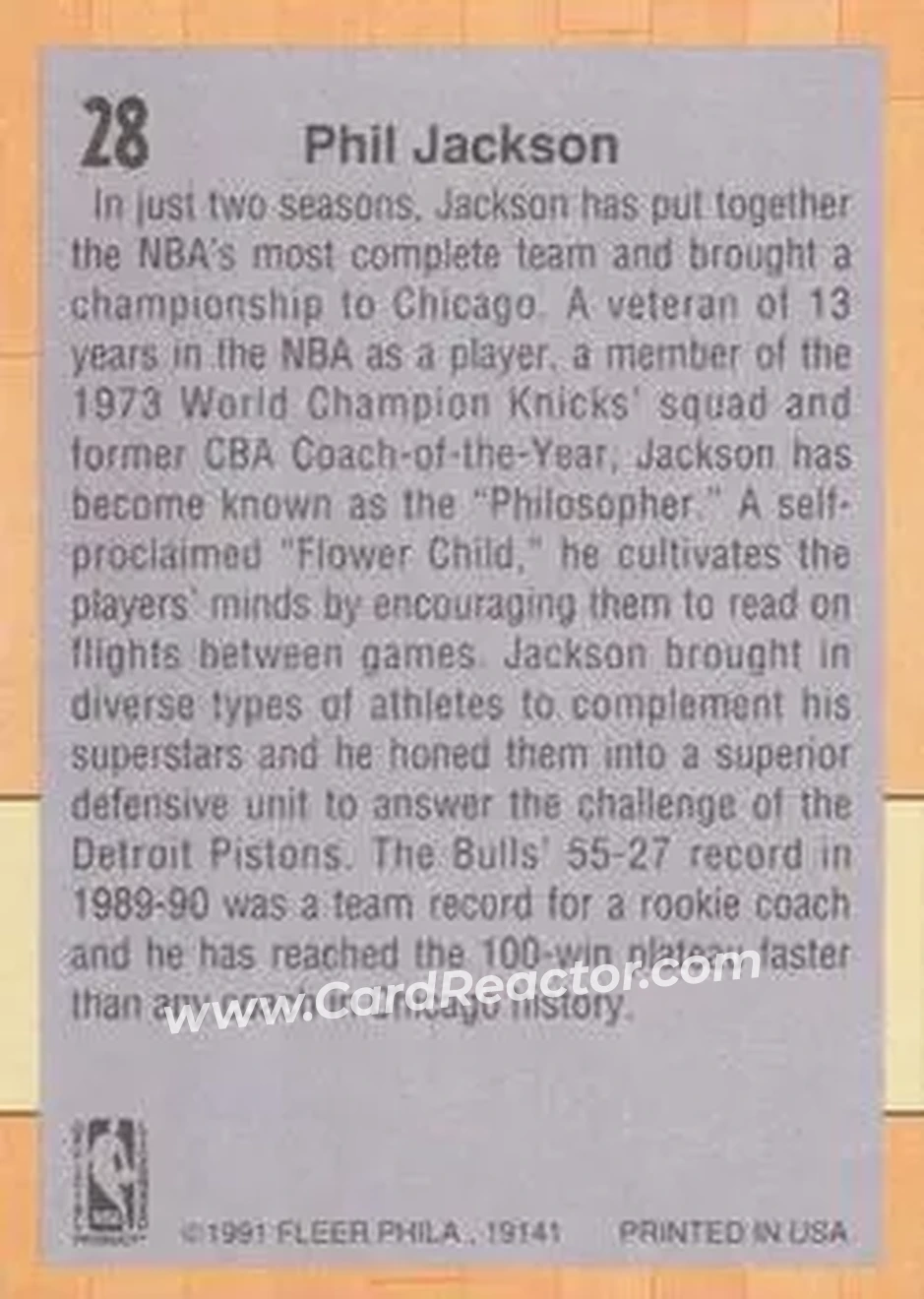 1991-92 Fleer #28 - Phil Jackson - Chicago Bulls - Back