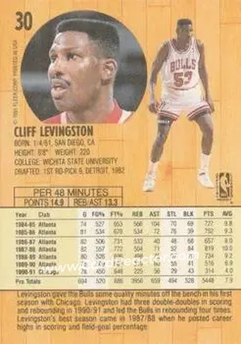 1991-92 Fleer #30 - Cliff Levingston - Chicago Bulls - Back