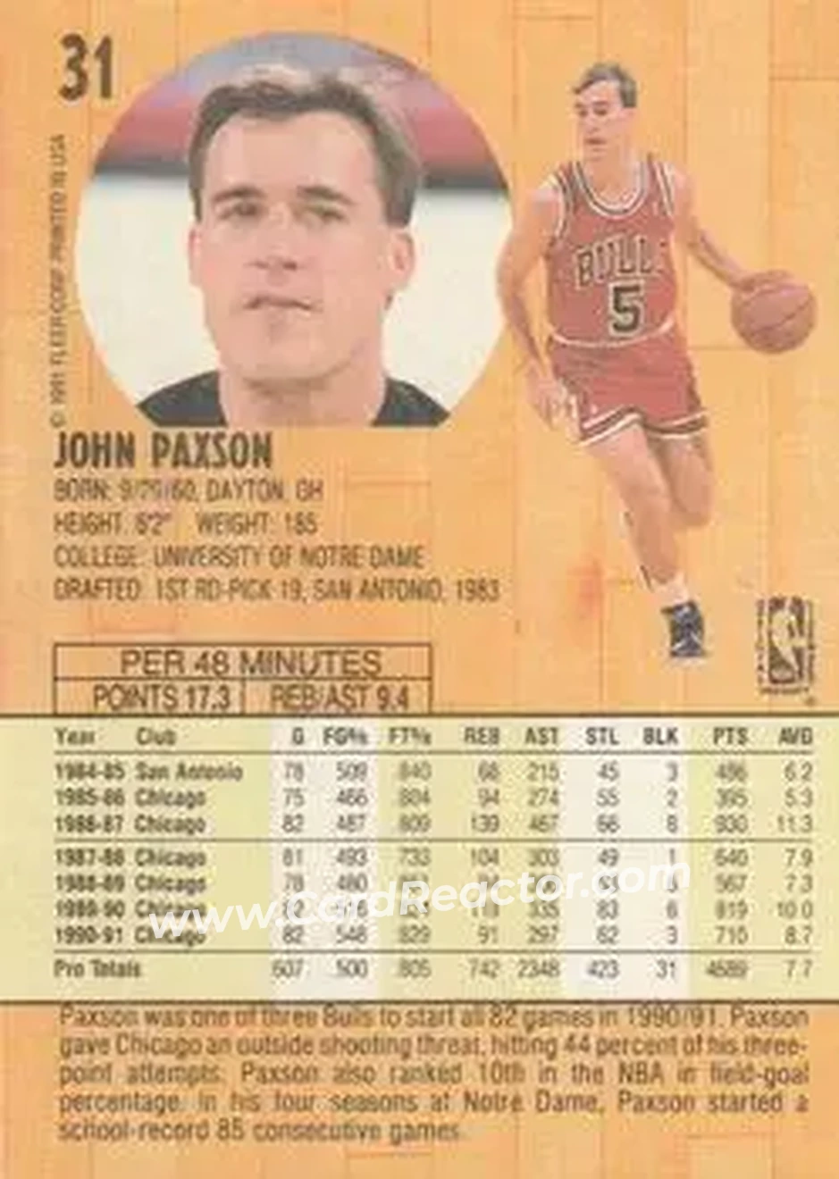 1991-92 Fleer #31 - John Paxson - Chicago Bulls - Back