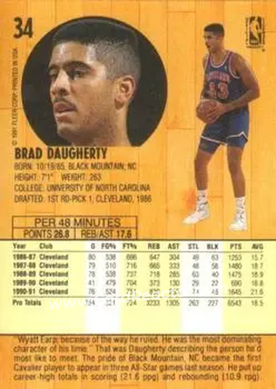 1991-92 Fleer #34 - Brad Daugherty - Cleveland Cavaliers - Back