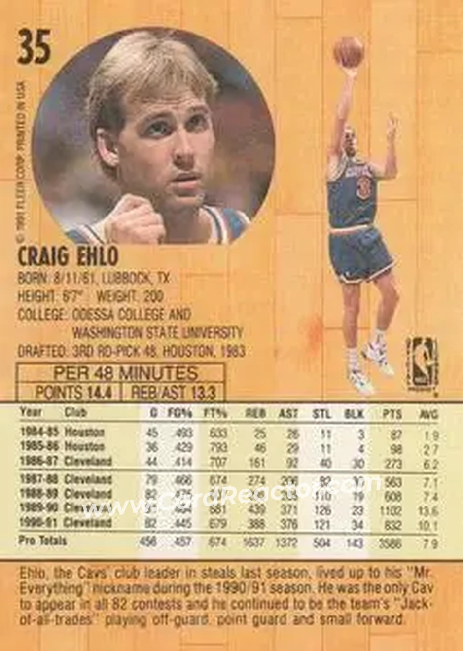 1991-92 Fleer #35 - Craig Ehlo - Cleveland Cavaliers - Back