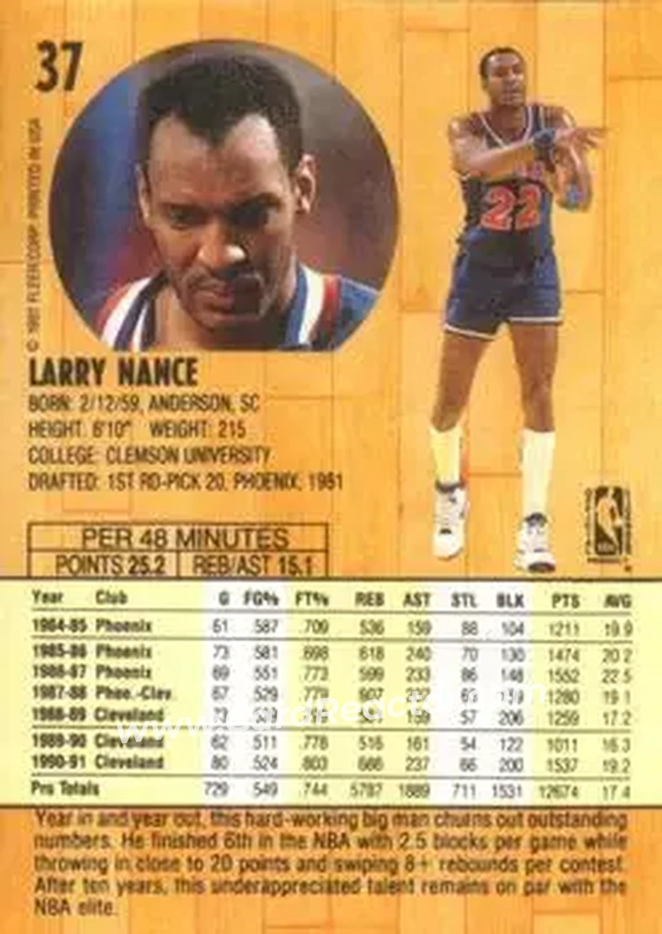 1991-92 Fleer #37 - Larry Nance - Cleveland Cavaliers - Back