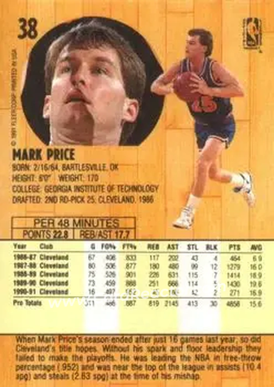 1991-92 Fleer #38 - Mark Price - Cleveland Cavaliers - Back