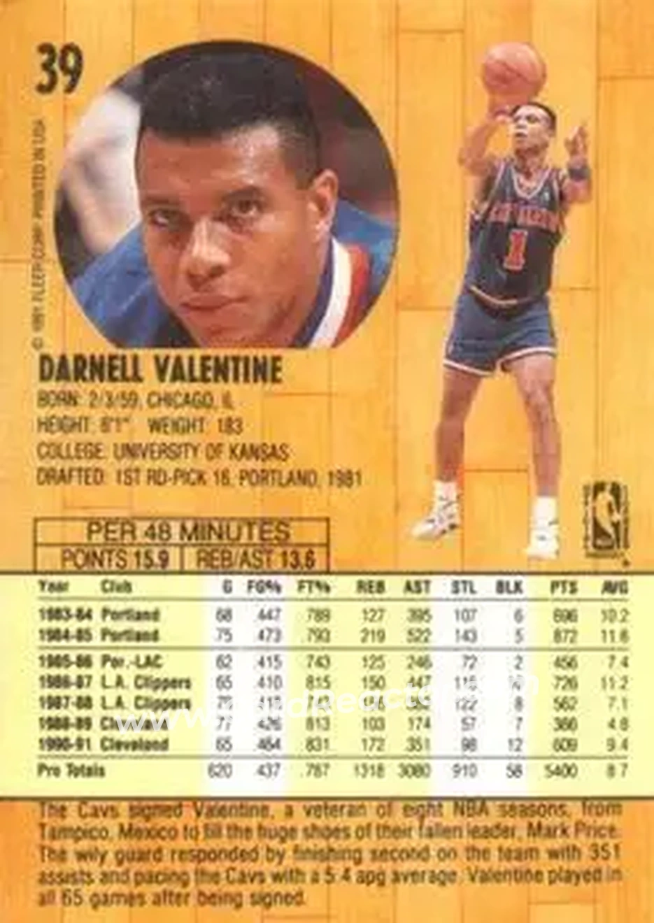 1991-92 Fleer #39 - Darnell Valentine - Cleveland Cavaliers - Back