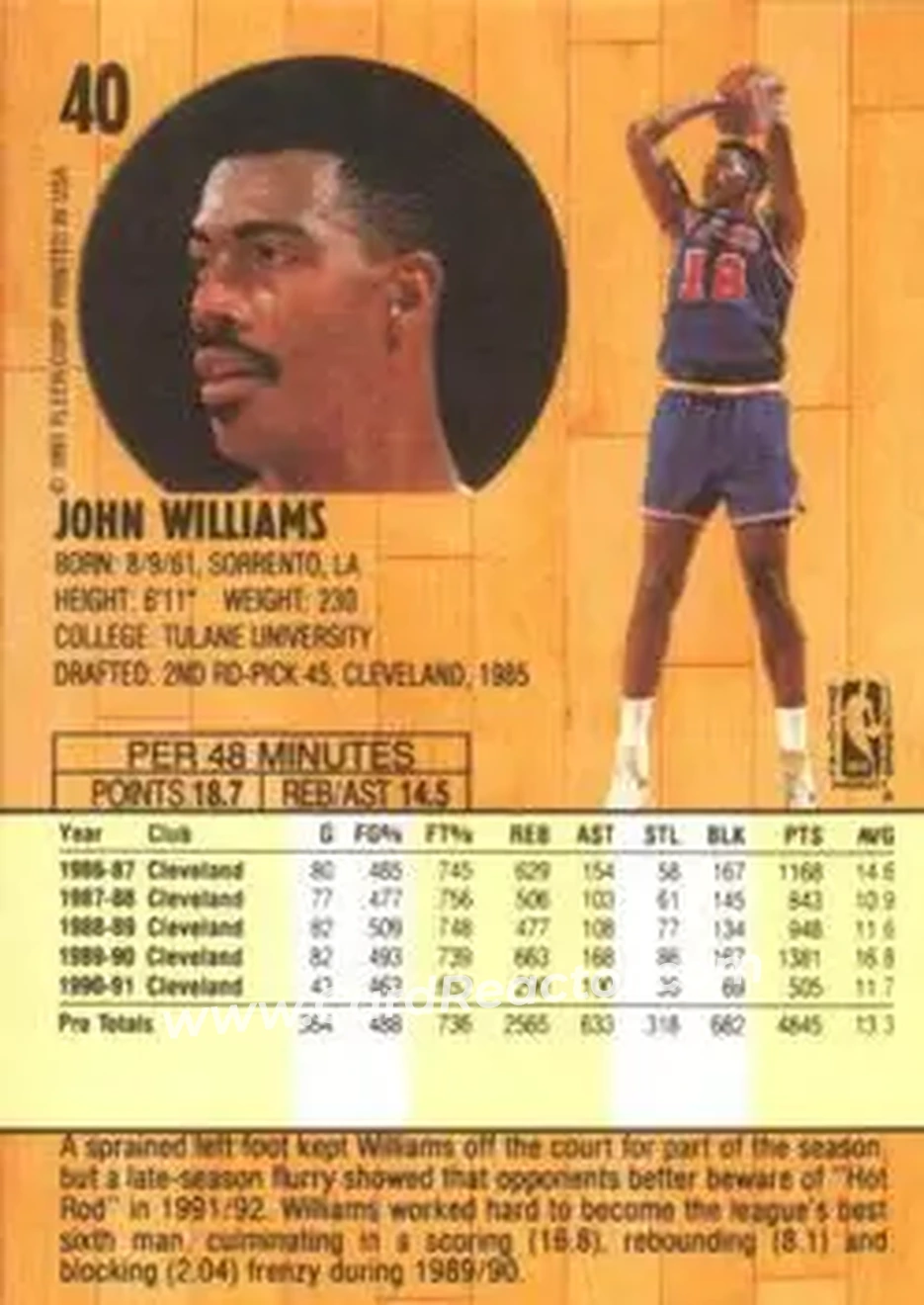 1991-92 Fleer #40 - John Williams - Cleveland Cavaliers - Back