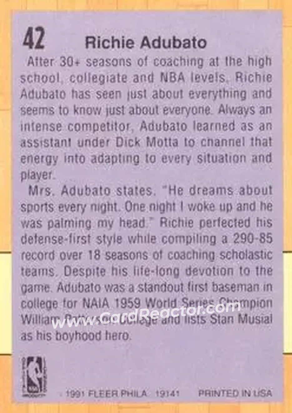 1991-92 Fleer #42 - Richie Adubato - Dallas Mavericks - Back