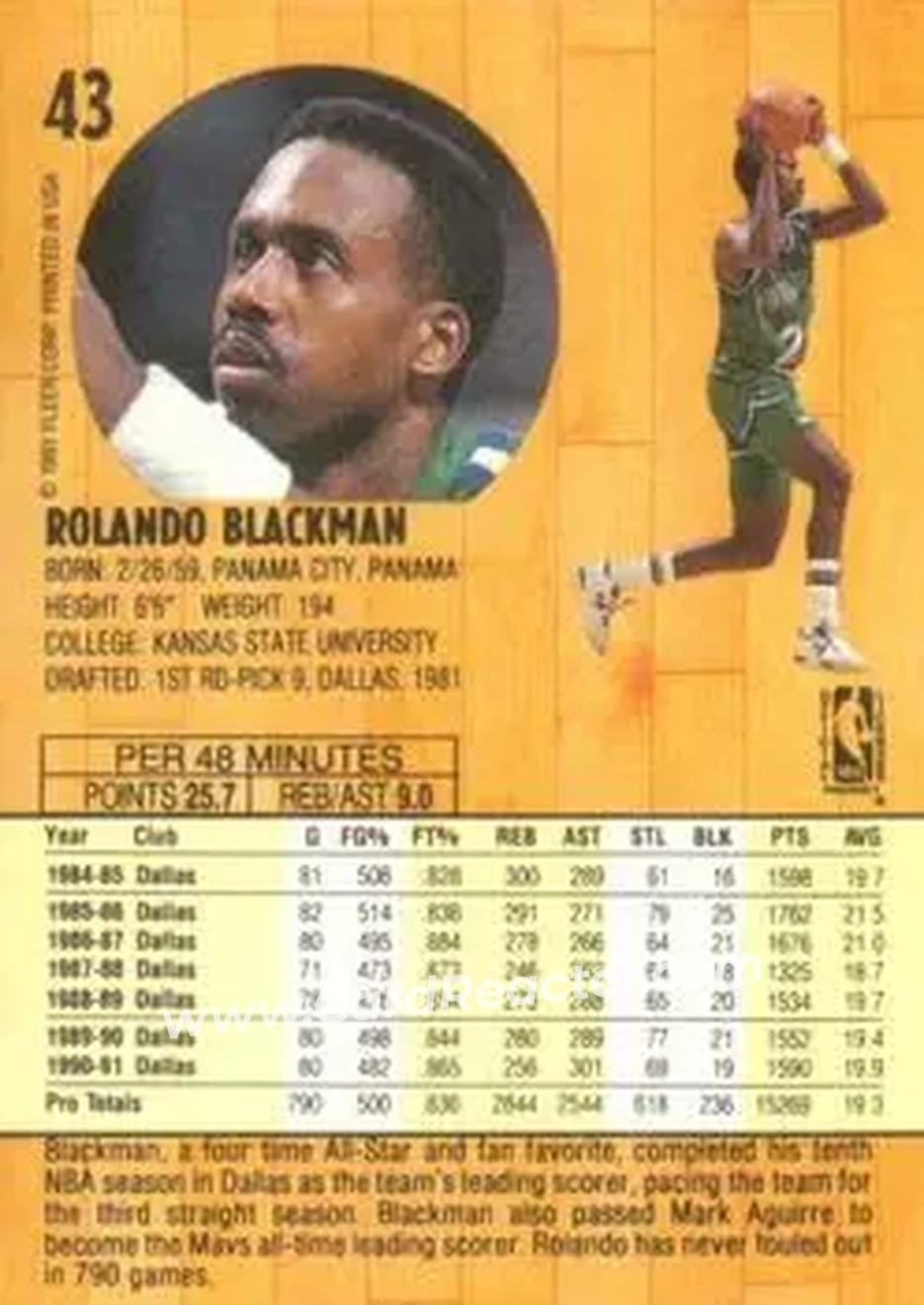 1991-92 Fleer #43 - Rolando Blackman - Dallas Mavericks - Back