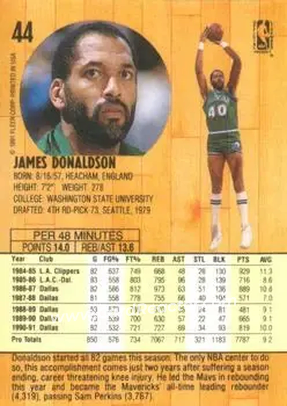 1991-92 Fleer #44 - James Donaldson - Dallas Mavericks - Back
