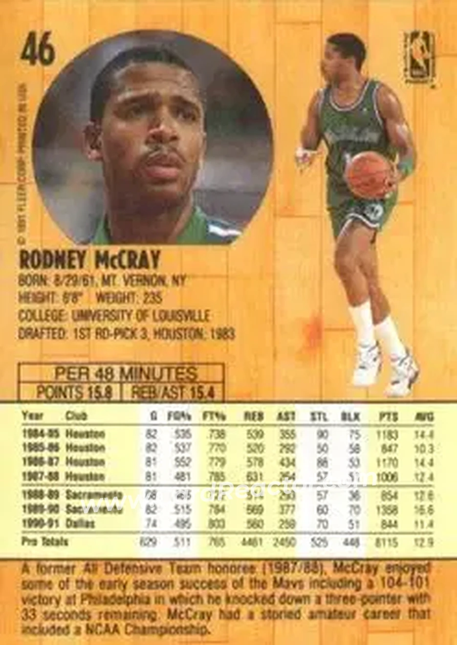 1991-92 Fleer #46 - Rodney McCray - Dallas Mavericks - Back