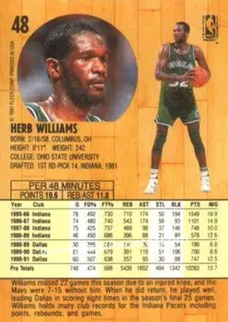 1991-92 Fleer #48 - Herb Williams - Dallas Mavericks - Back