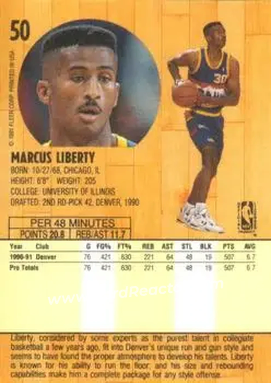 1991-92 Fleer #50 - Marcus Liberty - Denver Nuggets - Back