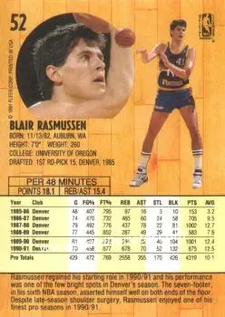 1991-92 Fleer #52 - Blair Rasmussen - Atlanta Hawks - Back