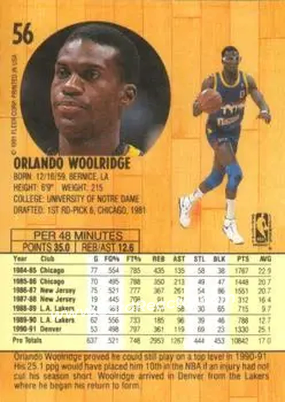 1991-92 Fleer #56 - Orlando Woolridge - Denver Nuggets - Back