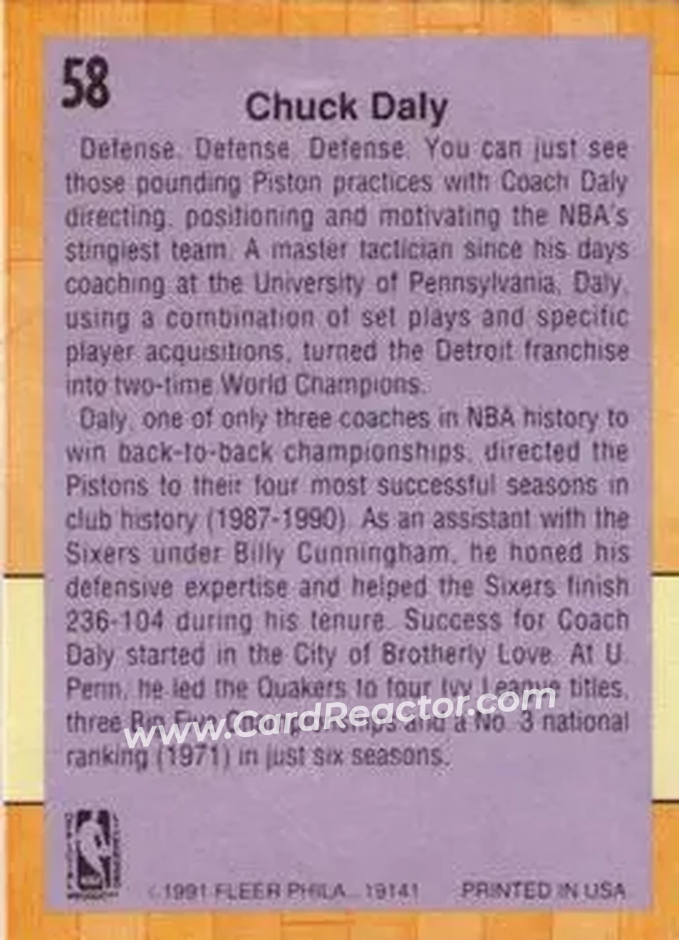1991-92 Fleer #58 - Chuck Daly - Detroit Pistons - Back