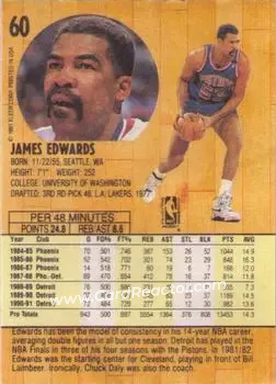 1991-92 Fleer #60 - James Edwards - Detroit Pistons - Back